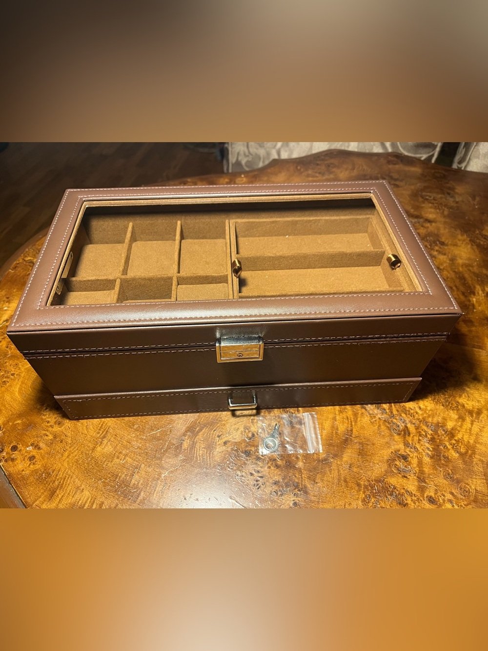 The Brown Faux Leather Watch Storage Case w Key New